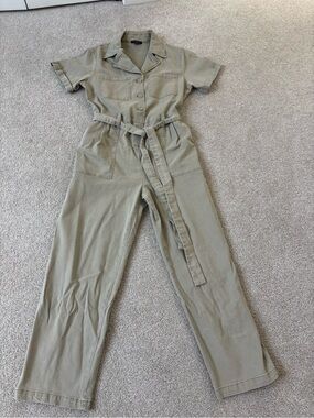 Skies Are Blue Olive Utility Short-Sleeve Jumpsuit with Self-Tie Waist